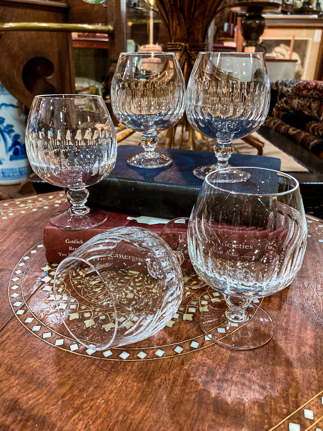 Set of Five Clear Crystal Stemmed Vintage Brandy Snifter Glasses