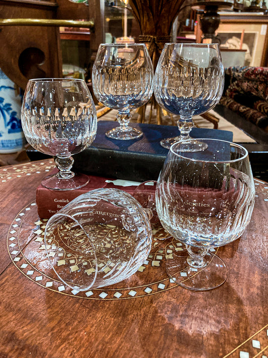 Set of Five Clear Crystal Stemmed Vintage Brandy Snifter Glasses