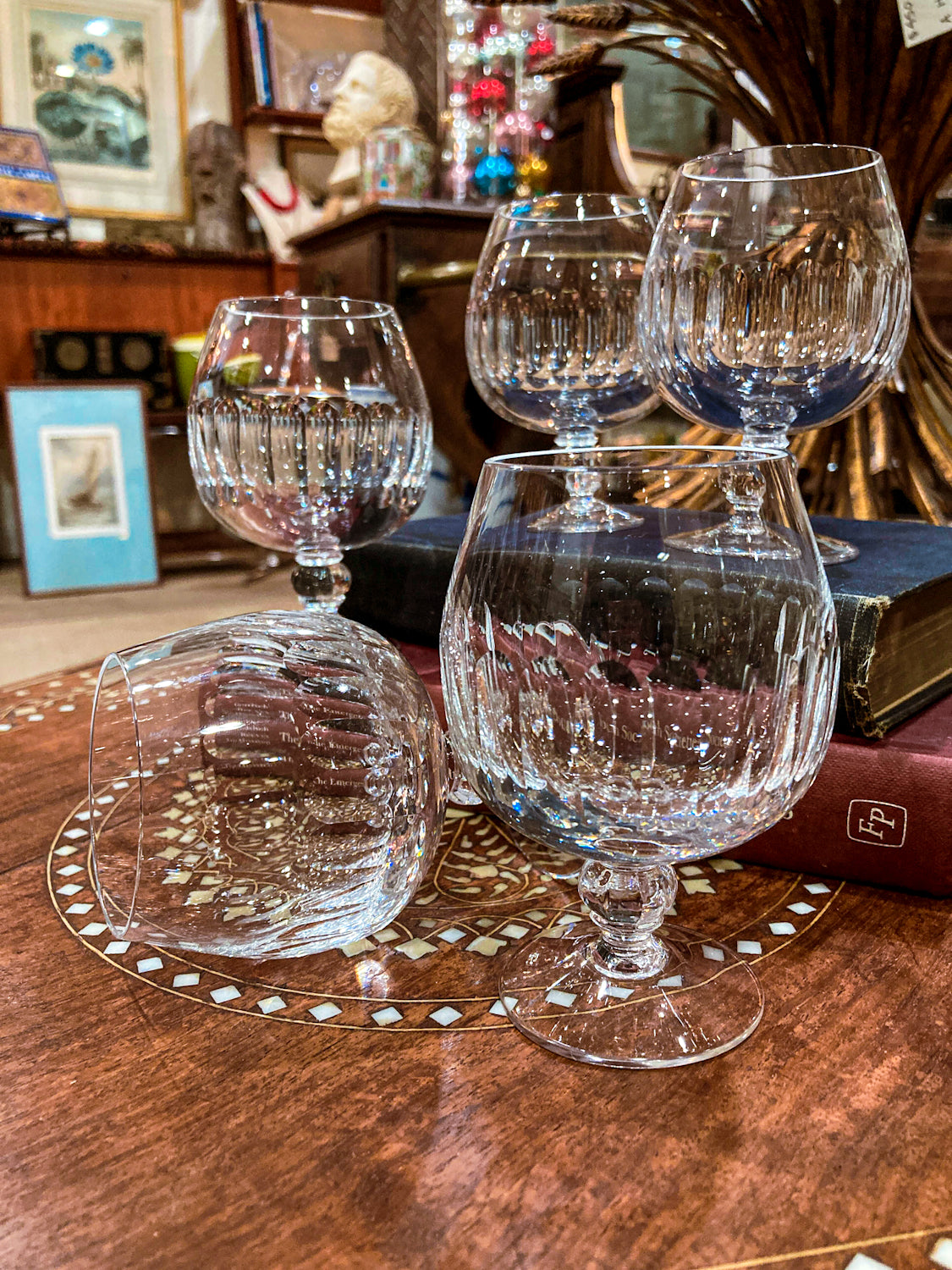 Set of Five Clear Crystal Stemmed Vintage Brandy Snifter Glasses