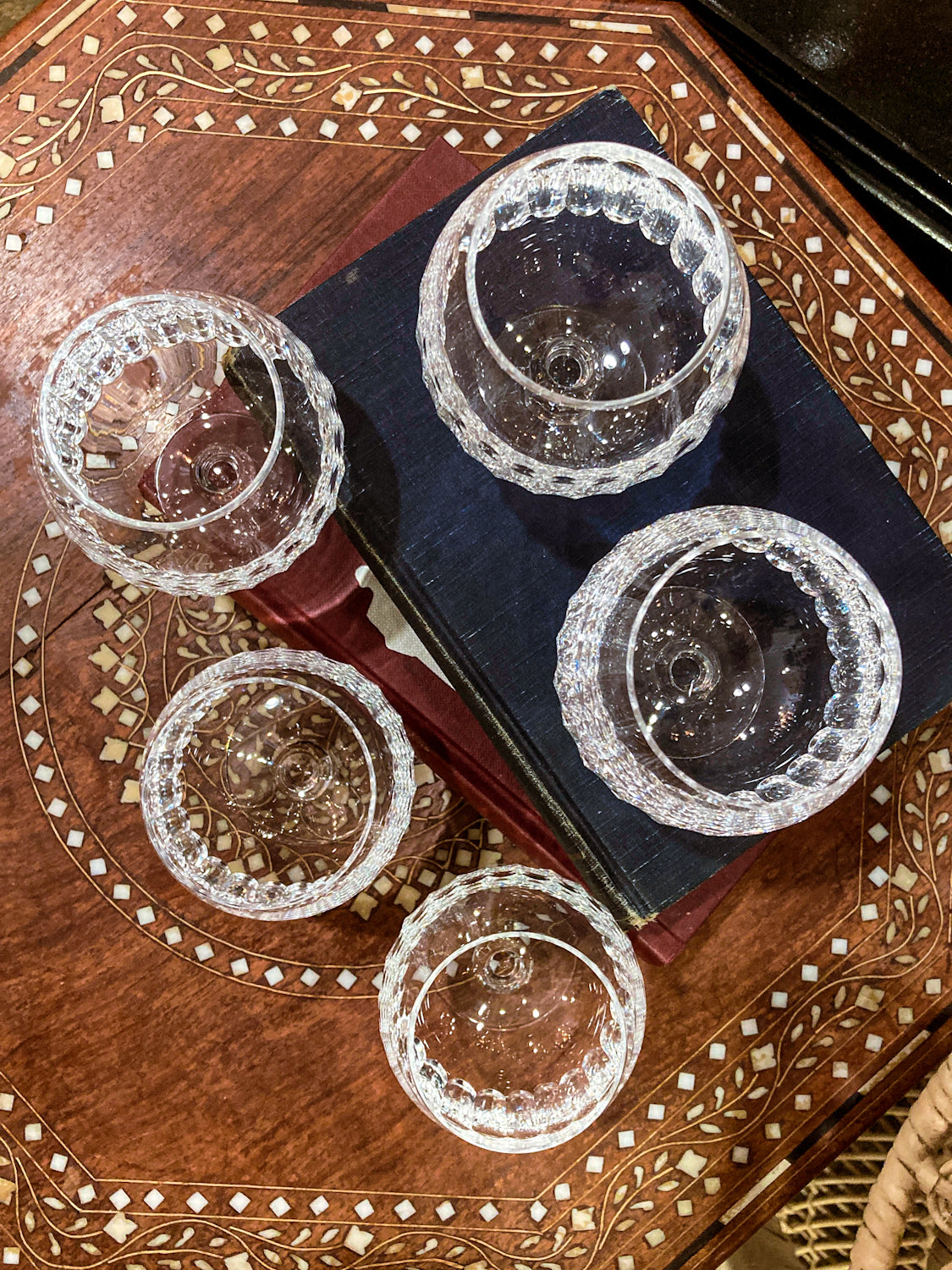 Set of Five Clear Crystal Stemmed Vintage Brandy Snifter Glasses