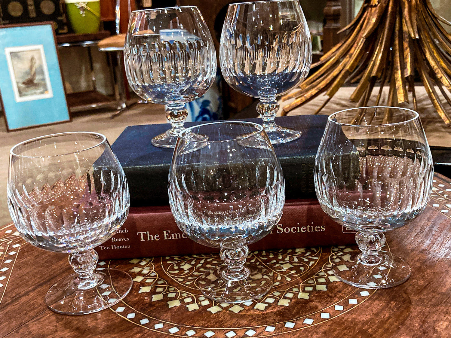 Set of Five Clear Crystal Stemmed Vintage Brandy Snifter Glasses