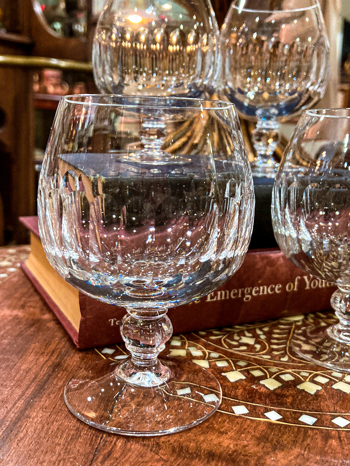 Set of Five Clear Crystal Stemmed Vintage Brandy Snifter Glasses