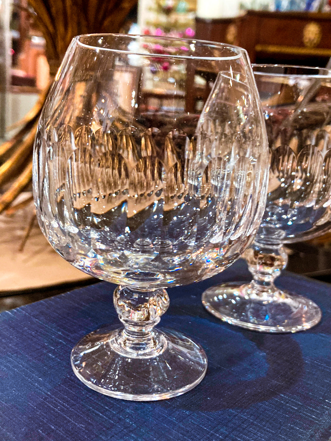Set of Five Clear Crystal Stemmed Vintage Brandy Snifter Glasses