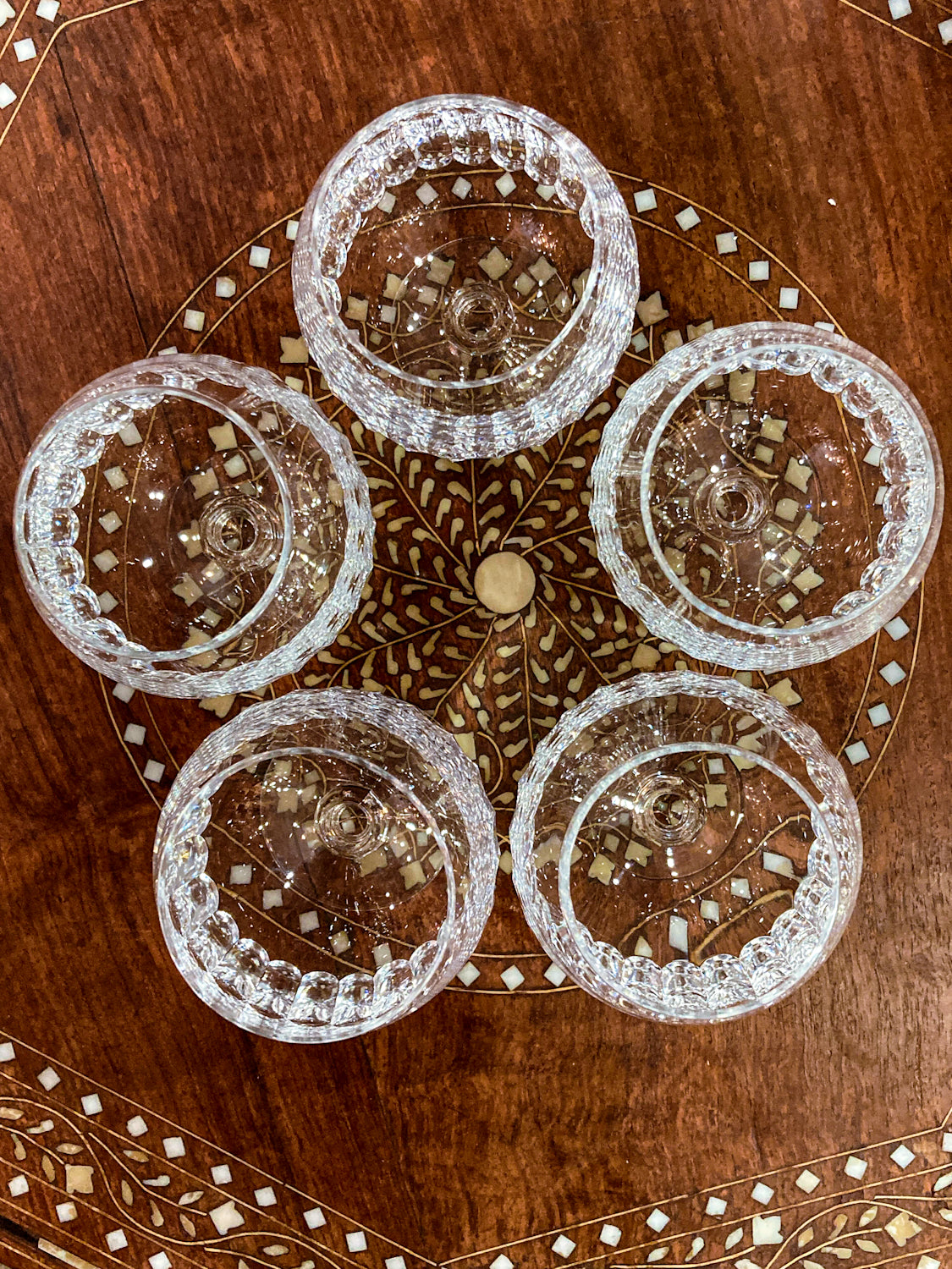 Set of Five Clear Crystal Stemmed Vintage Brandy Snifter Glasses
