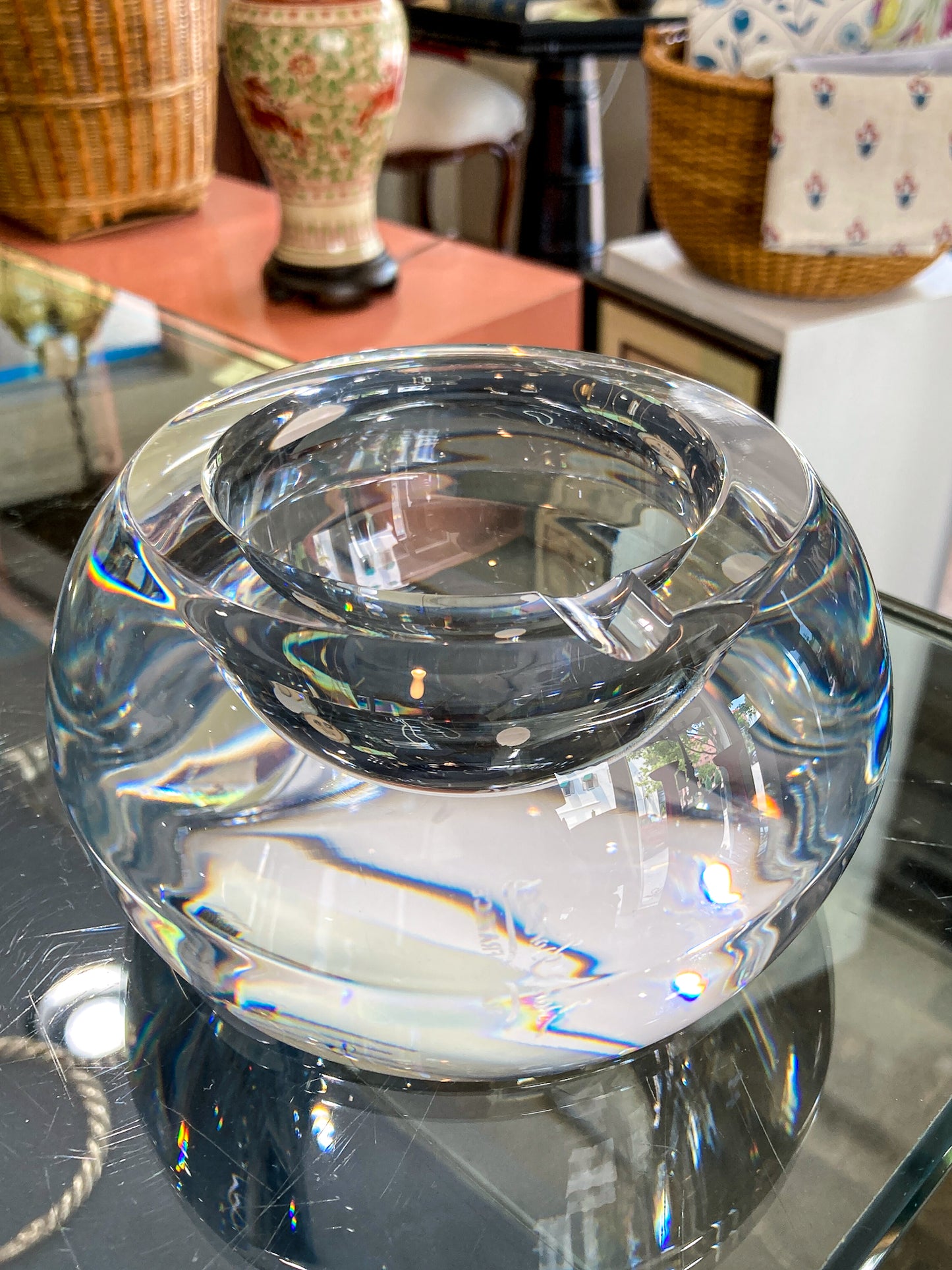 Vintage Sèvres Clear Crystal Bubble Cigar Sized Round Ashtray Bowl
