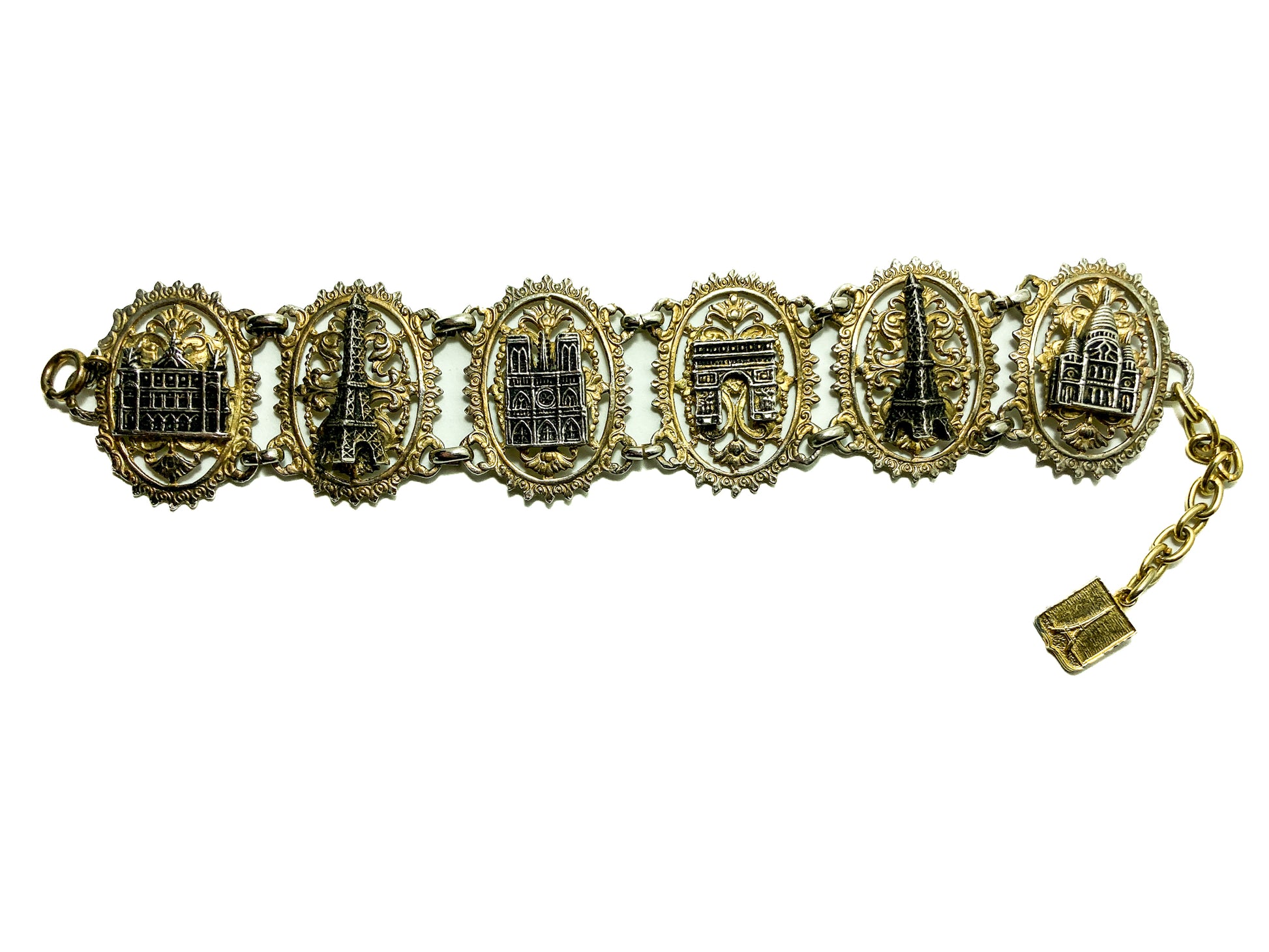 Vintage Silver Gold Filigree Paris France Landmark Architectural Bracelet