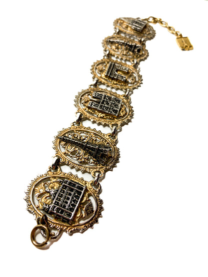 Vintage Silver Gold Filigree Paris France Landmark Architectural Bracelet