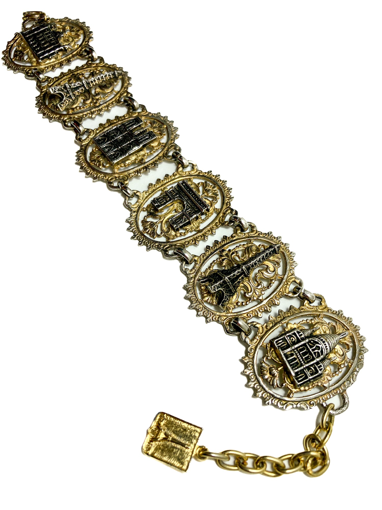Vintage Silver Gold Filigree Paris France Landmark Architectural Bracelet