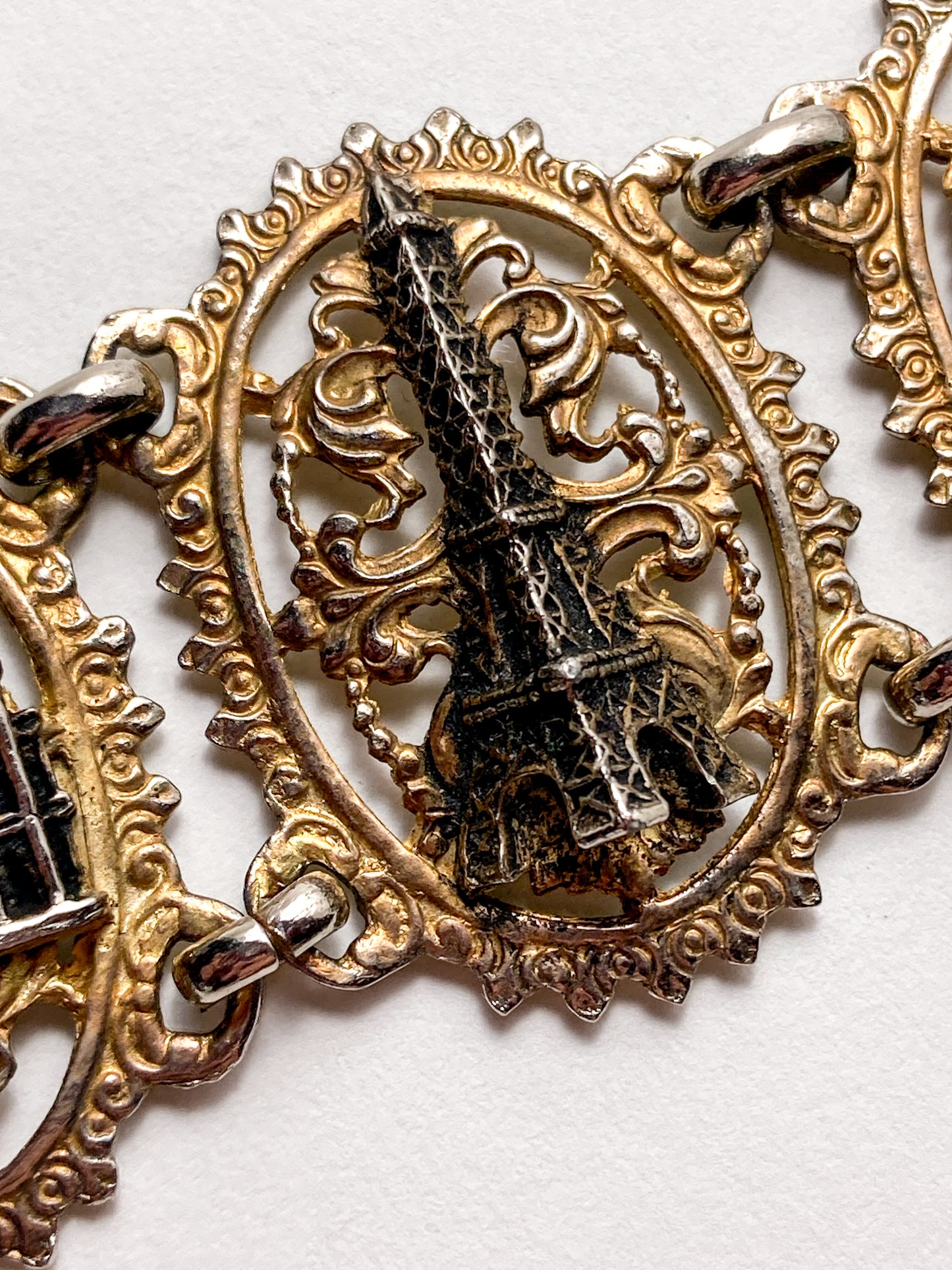Vintage Silver Gold Filigree Paris France Landmark Architectural Bracelet