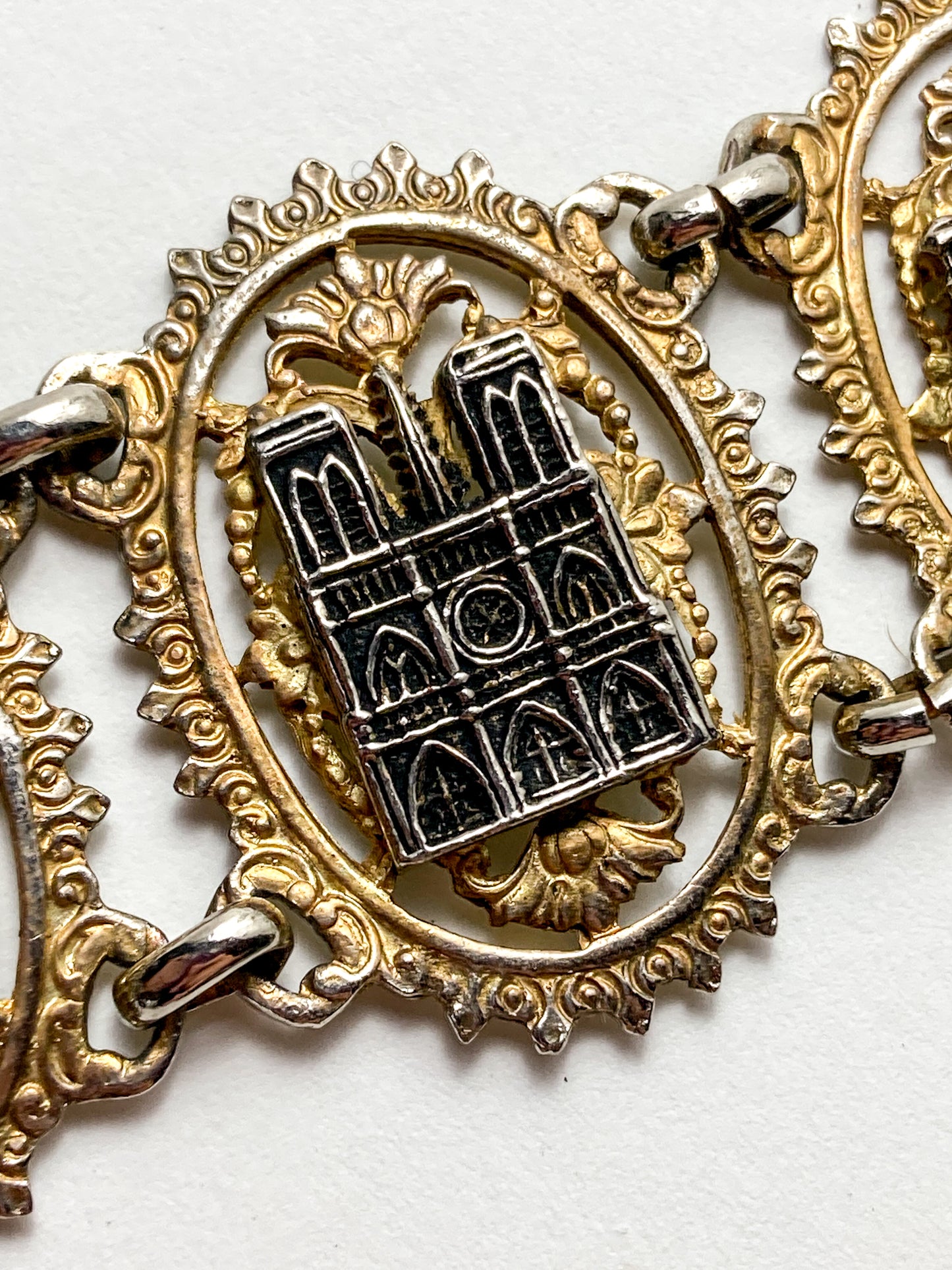 Vintage Silver Gold Filigree Paris France Landmark Architectural Bracelet