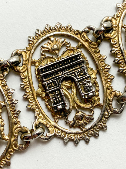 Vintage Silver Gold Filigree Paris France Landmark Architectural Bracelet