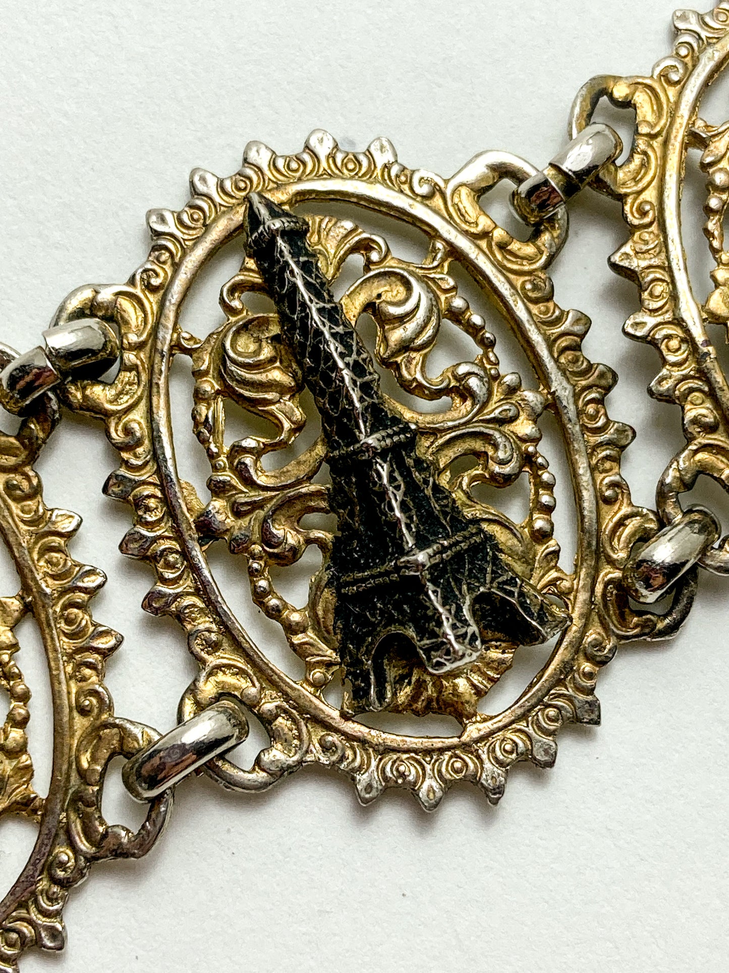 Vintage Silver Gold Filigree Paris France Landmark Architectural Bracelet