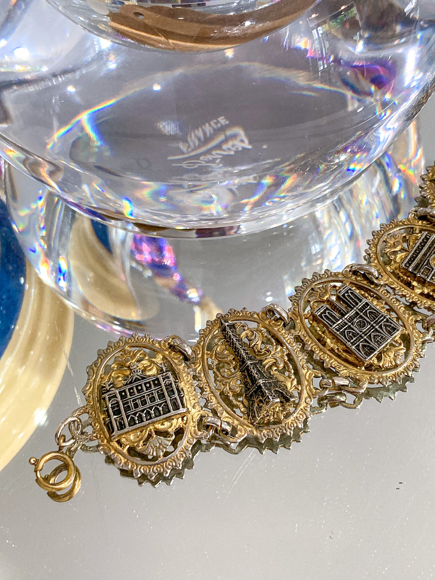 Vintage Silver Gold Filigree Paris France Landmark Architectural Bracelet