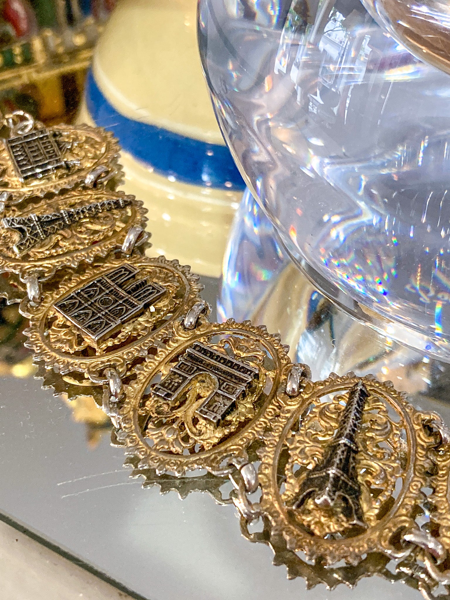 Vintage Silver Gold Filigree Paris France Landmark Architectural Bracelet