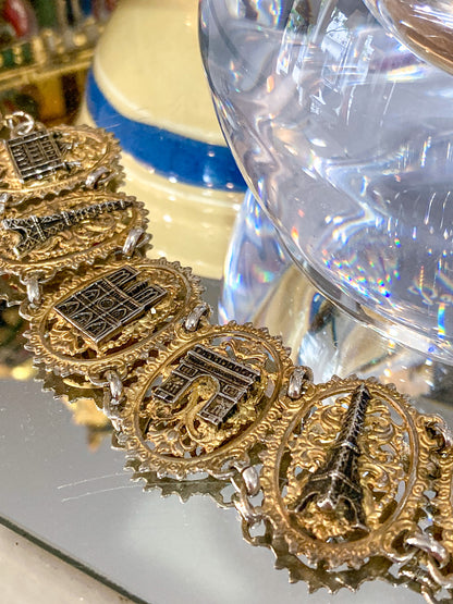 Vintage Silver Gold Filigree Paris France Landmark Architectural Bracelet