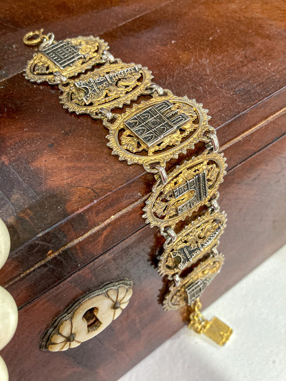 Vintage Silver Gold Filigree Paris France Landmark Architectural Bracelet