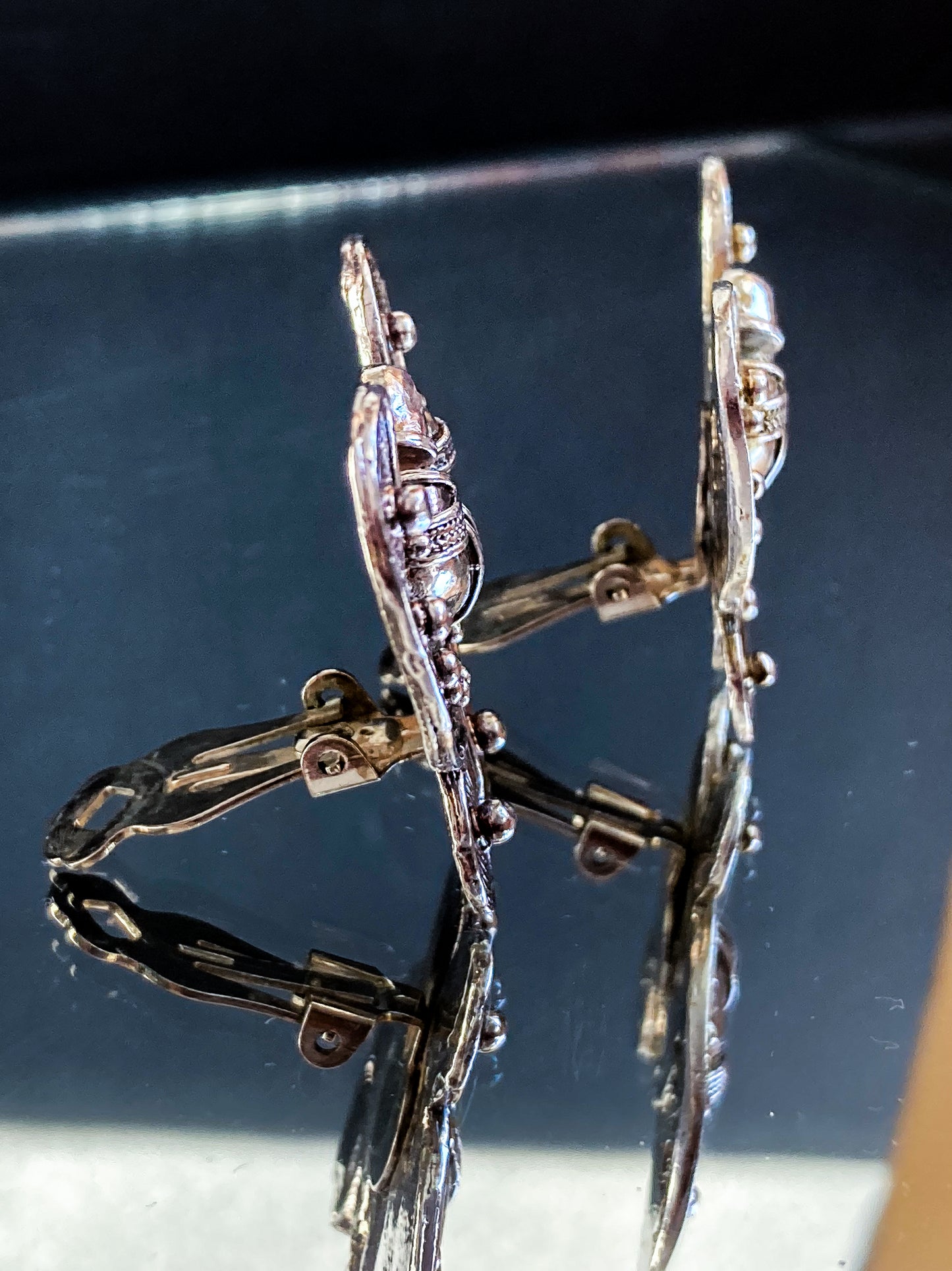 Vintage Pre-Columbian Style Silver Toned Geometric Clip On Earrings