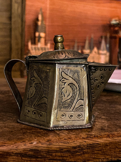 Vintage Silvered Hand Engraved Hinged Lid Miniature Hexagonal Pitcher