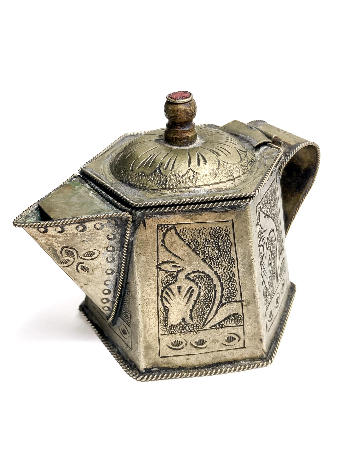 Vintage Silvered Hand Engraved Hinged Lid Miniature Hexagonal Pitcher