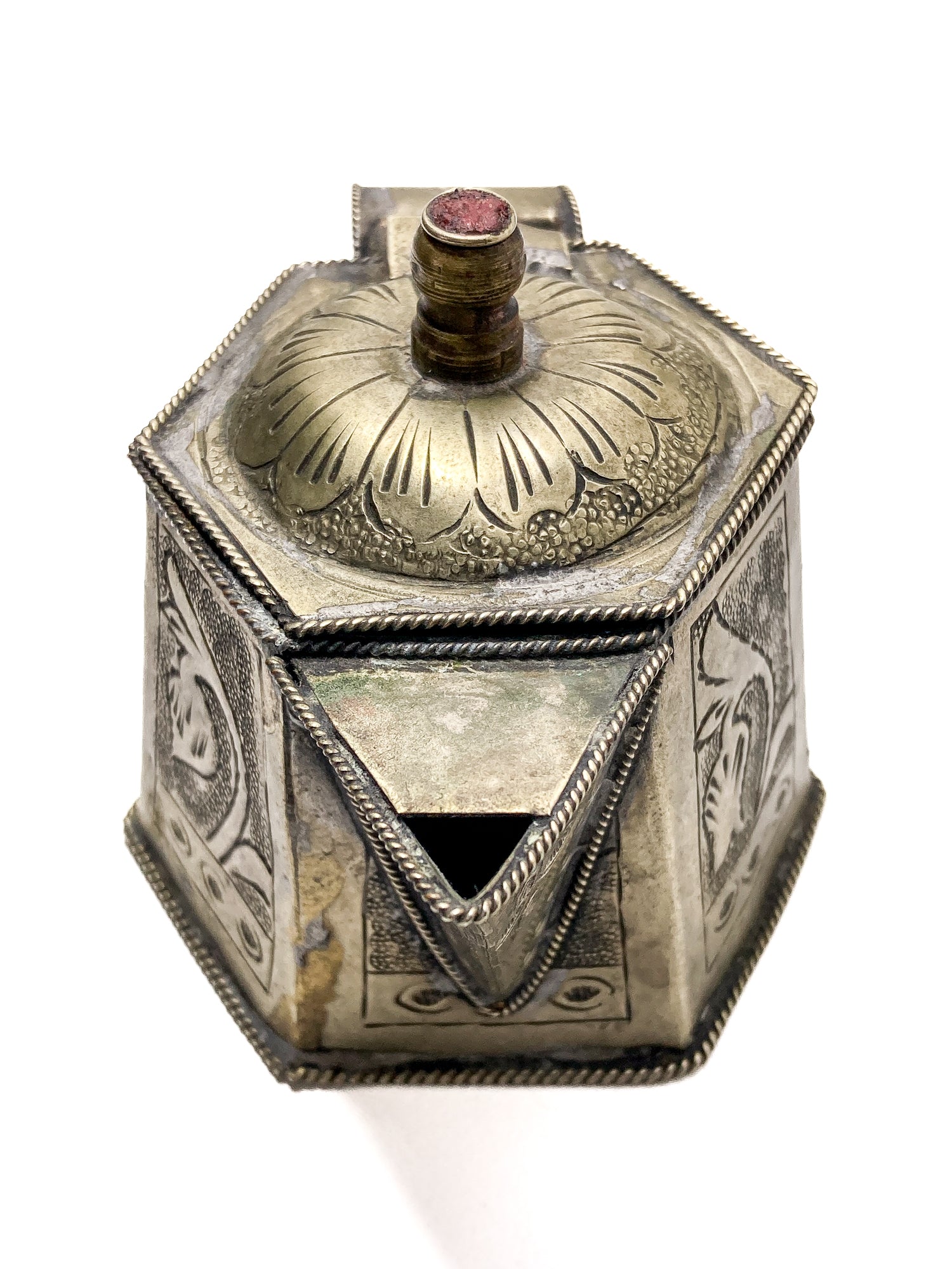 Vintage Silvered Hand Engraved Hinged Lid Miniature Hexagonal Pitcher