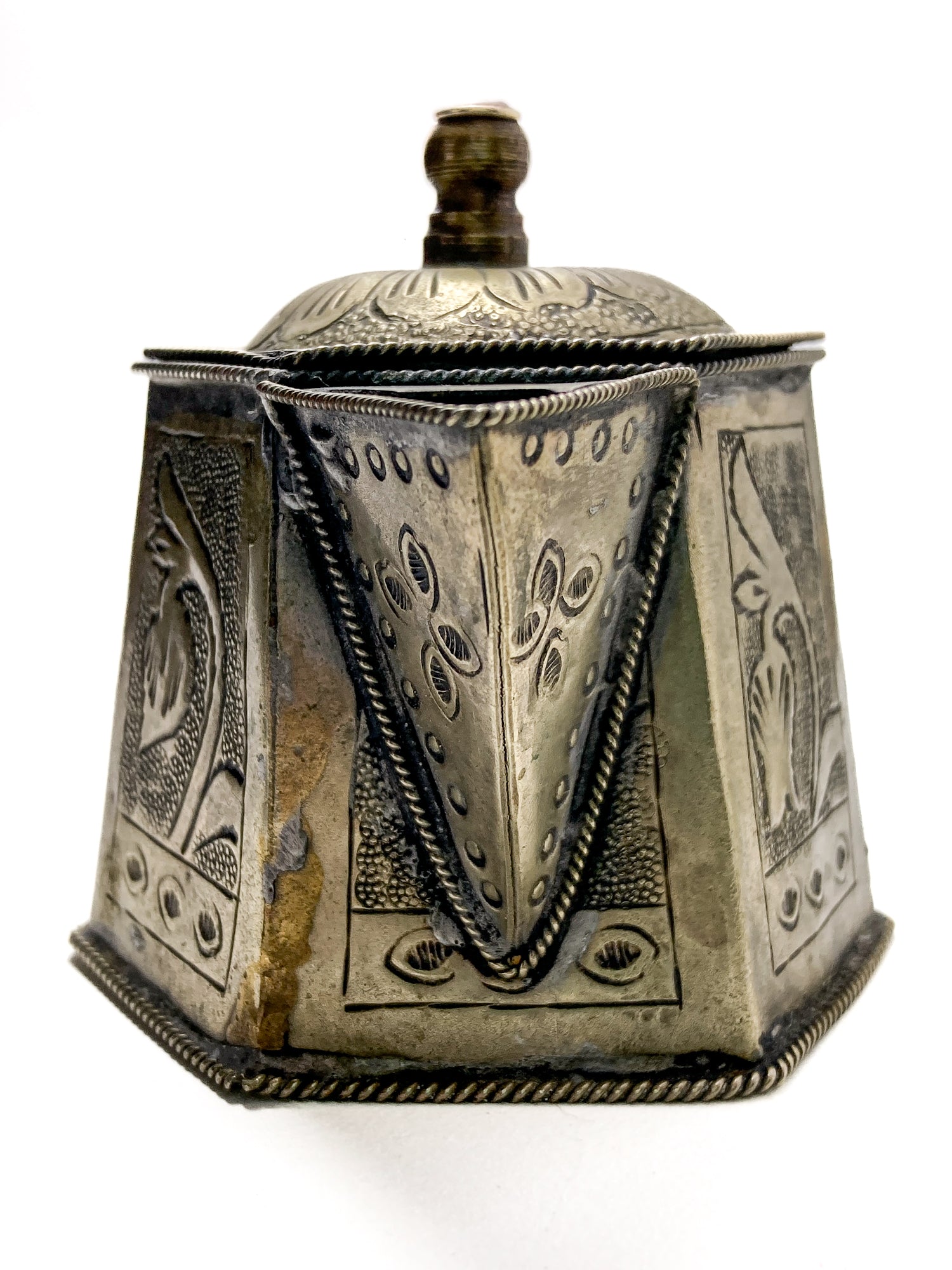 Vintage Silvered Hand Engraved Hinged Lid Miniature Hexagonal Pitcher