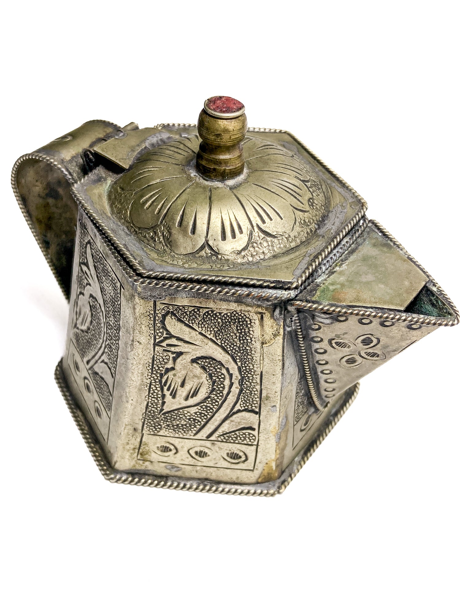 Vintage Silvered Hand Engraved Hinged Lid Miniature Hexagonal Pitcher