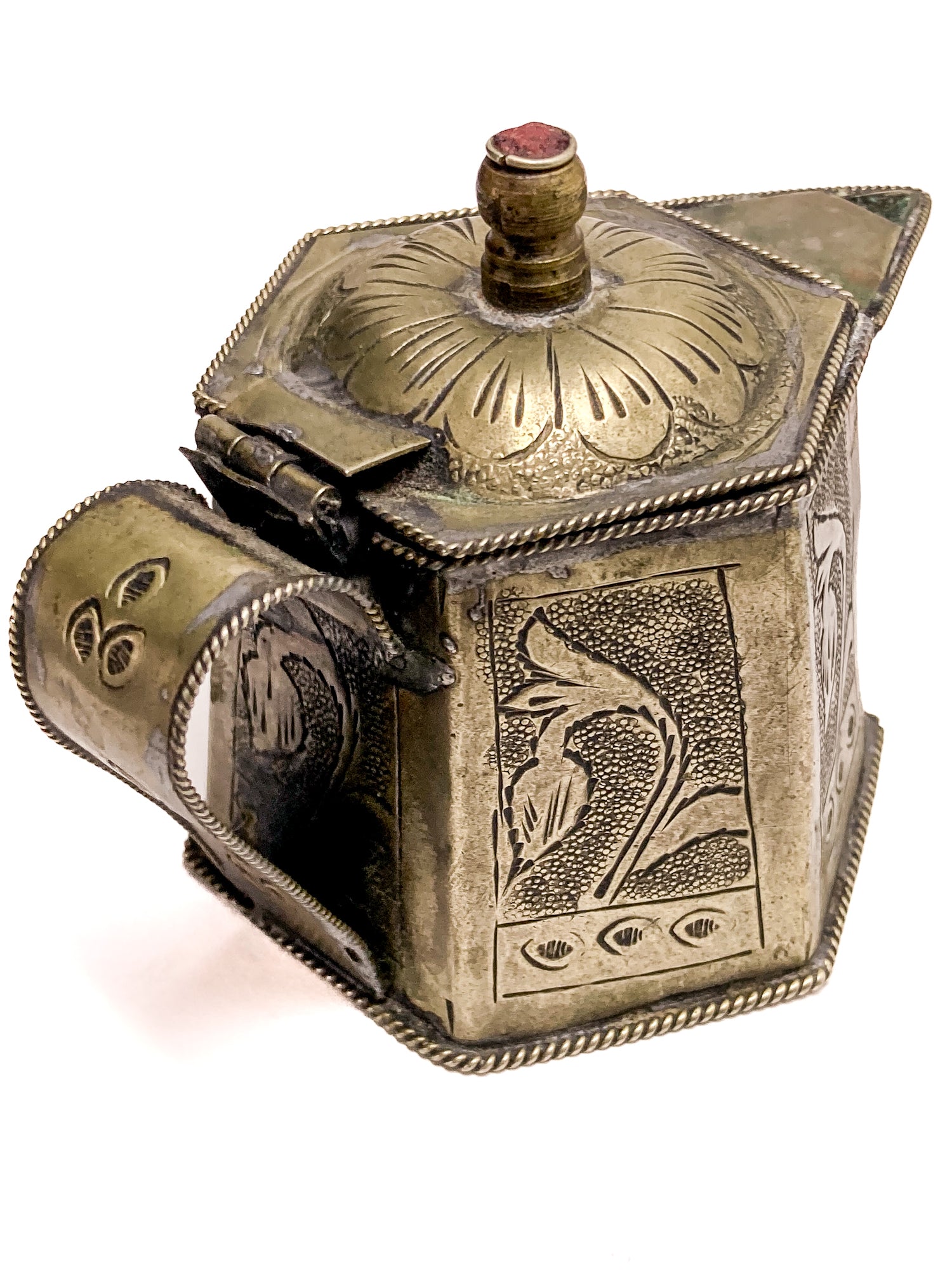 Vintage Silvered Hand Engraved Hinged Lid Miniature Hexagonal Pitcher