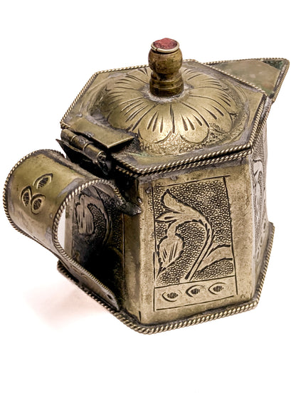 Vintage Silvered Hand Engraved Hinged Lid Miniature Hexagonal Pitcher