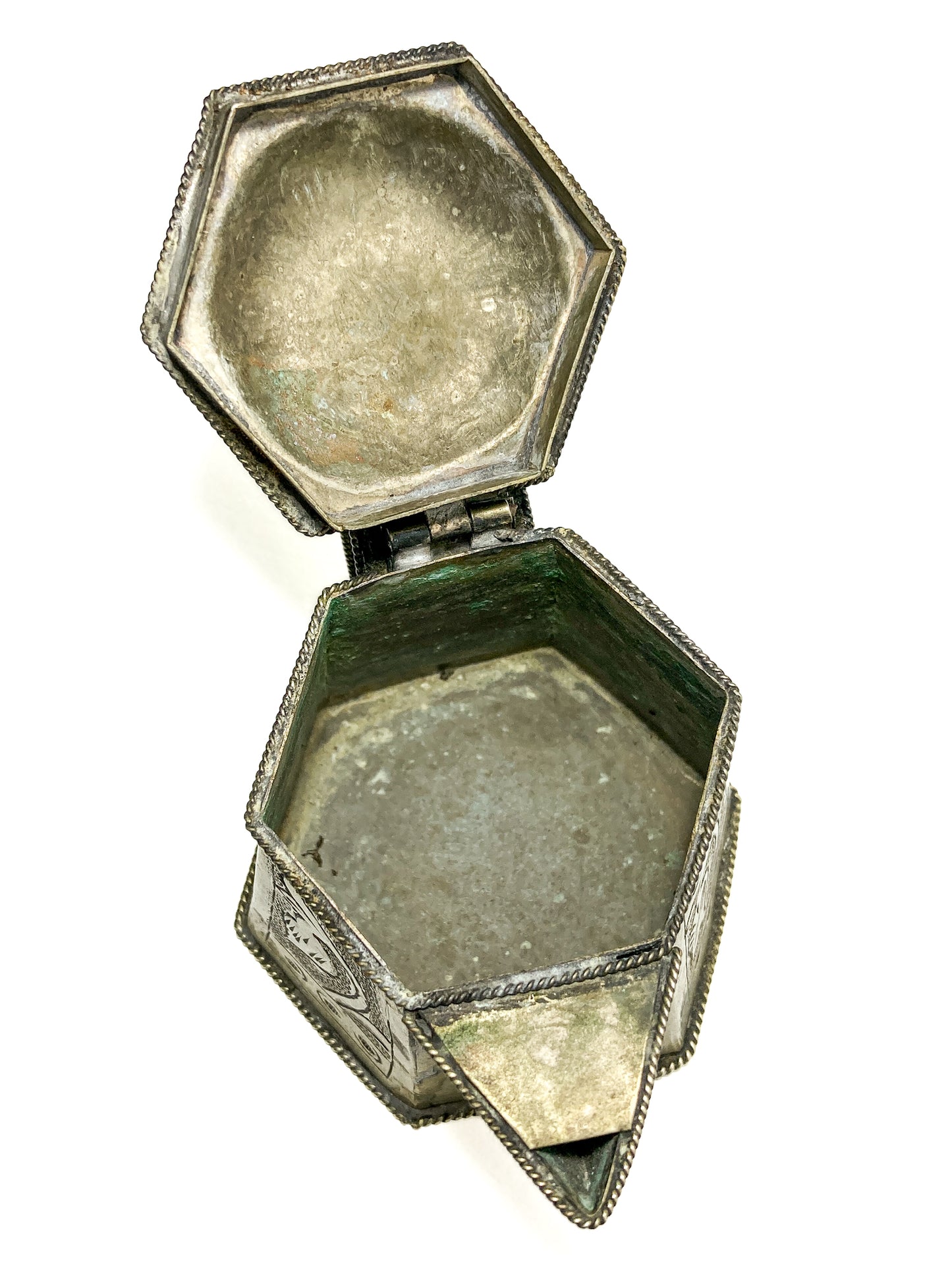 Vintage Silvered Hand Engraved Hinged Lid Miniature Hexagonal Pitcher