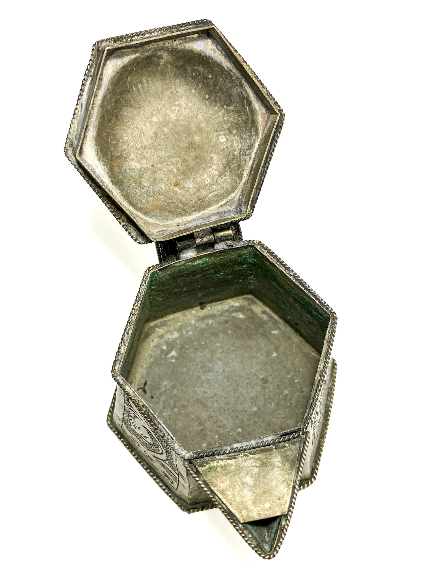 Vintage Silvered Hand Engraved Hinged Lid Miniature Hexagonal Pitcher