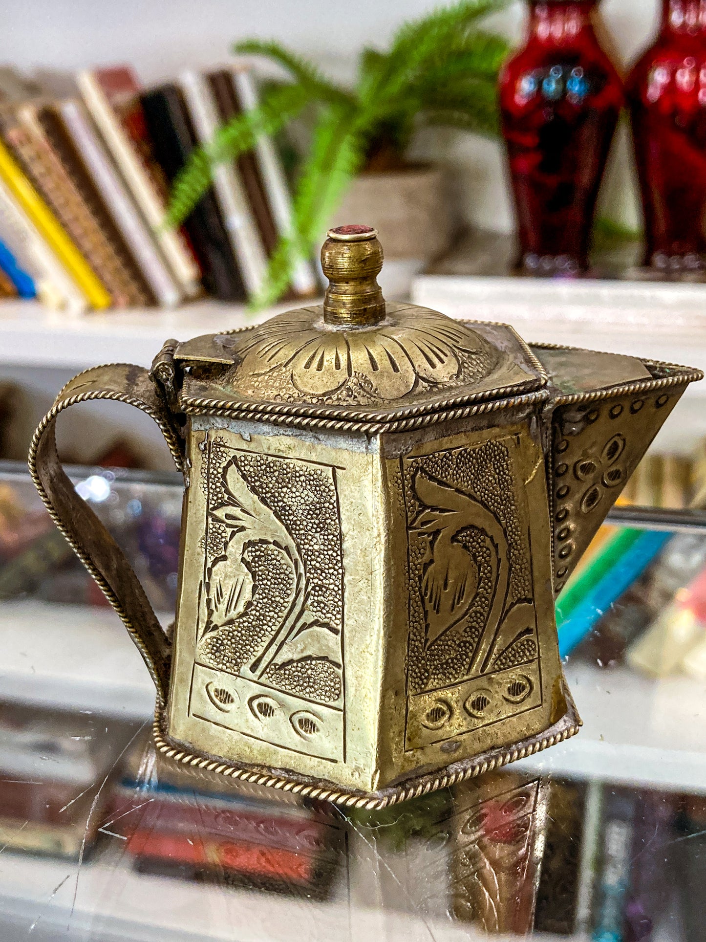 Vintage Silvered Hand Engraved Hinged Lid Miniature Hexagonal Pitcher