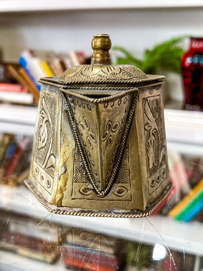 Vintage Silvered Hand Engraved Hinged Lid Miniature Hexagonal Pitcher