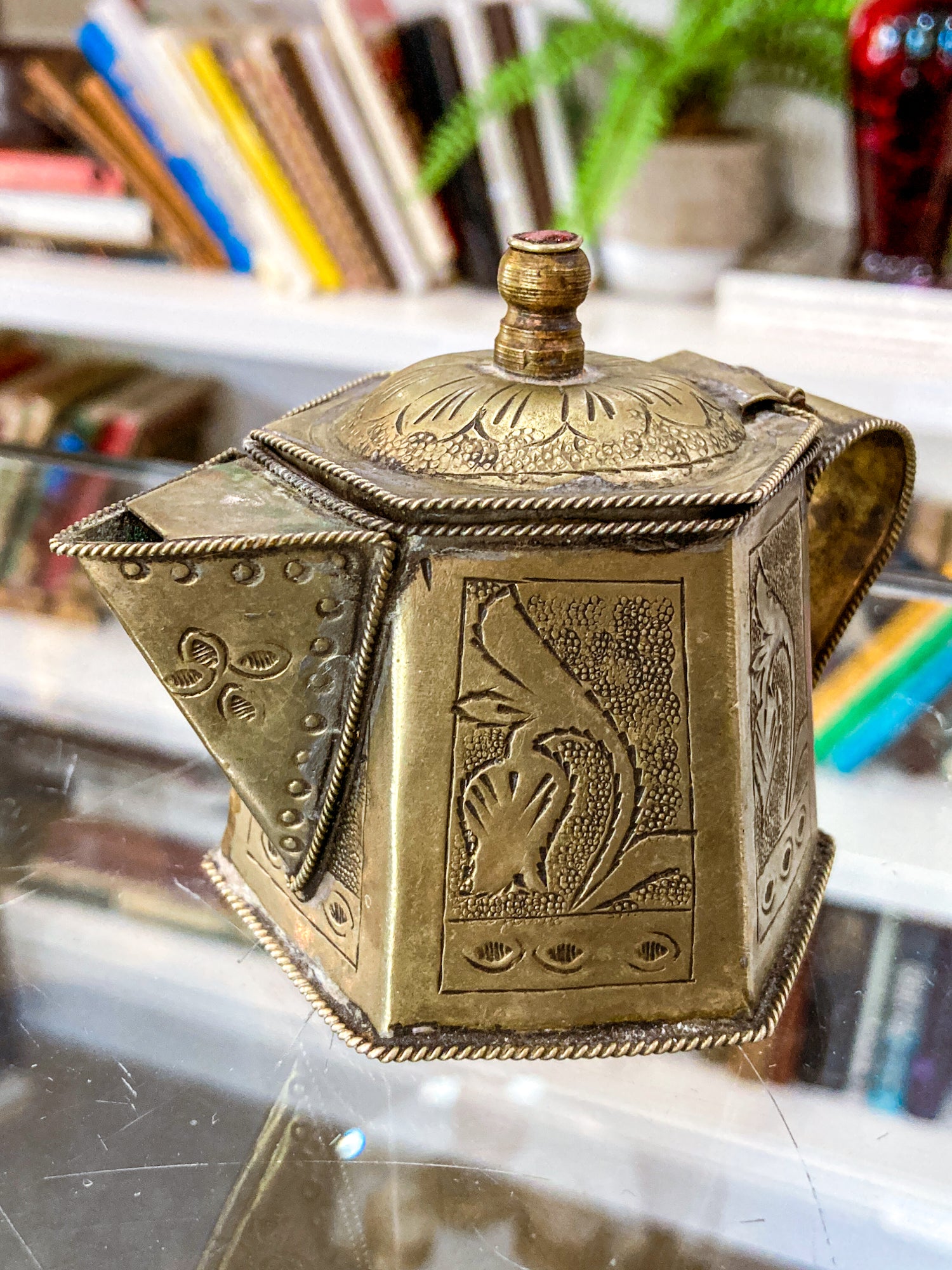 Vintage Silvered Hand Engraved Hinged Lid Miniature Hexagonal Pitcher