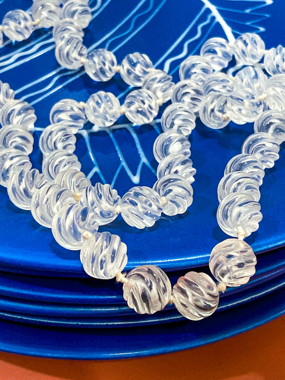 Spiral Carved Rock Crystal Hand Knotted 32" Long Beaded Rope Necklace