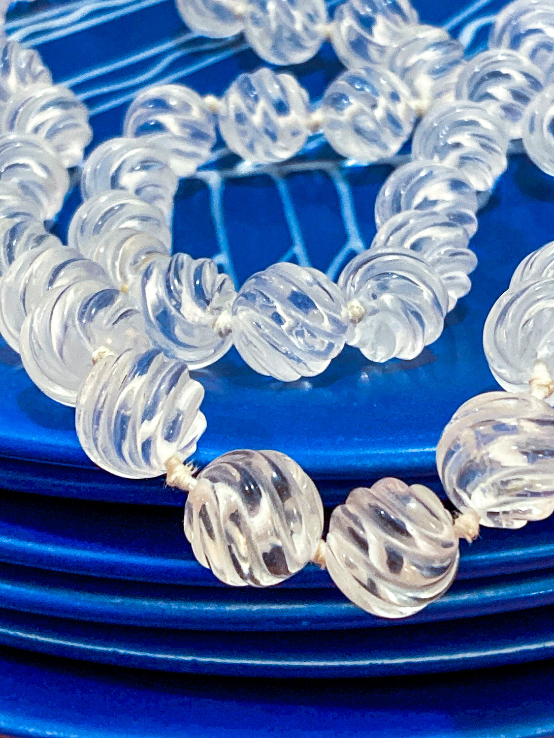 Spiral Carved Rock Crystal Hand Knotted 32" Long Beaded Rope Necklace