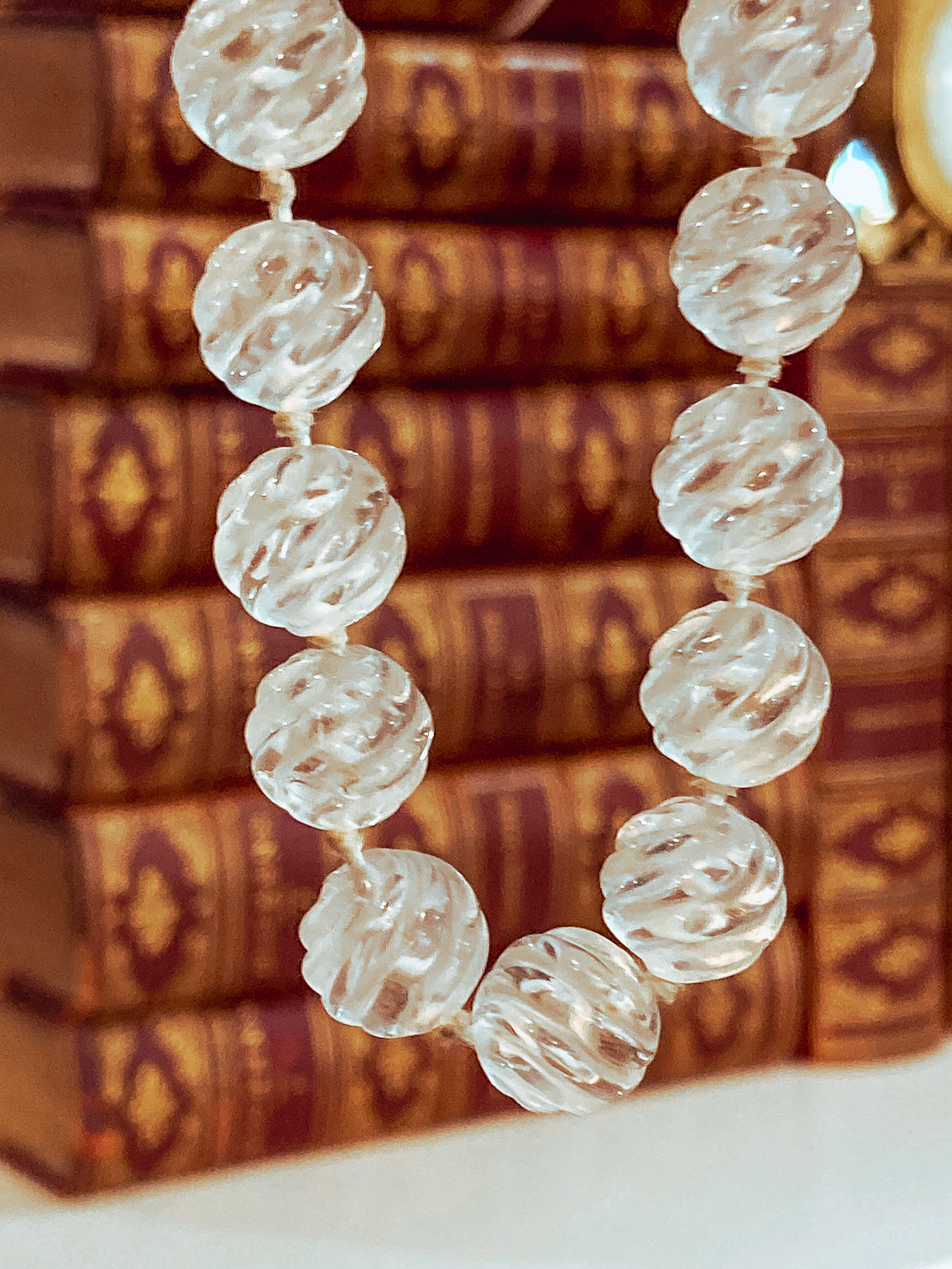 Spiral Carved Rock Crystal Hand Knotted 32" Long Beaded Rope Necklace