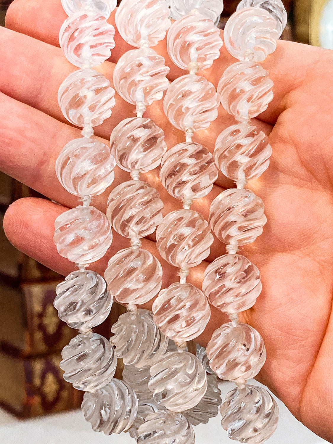 Spiral Carved Rock Crystal Hand Knotted 32" Long Beaded Rope Necklace