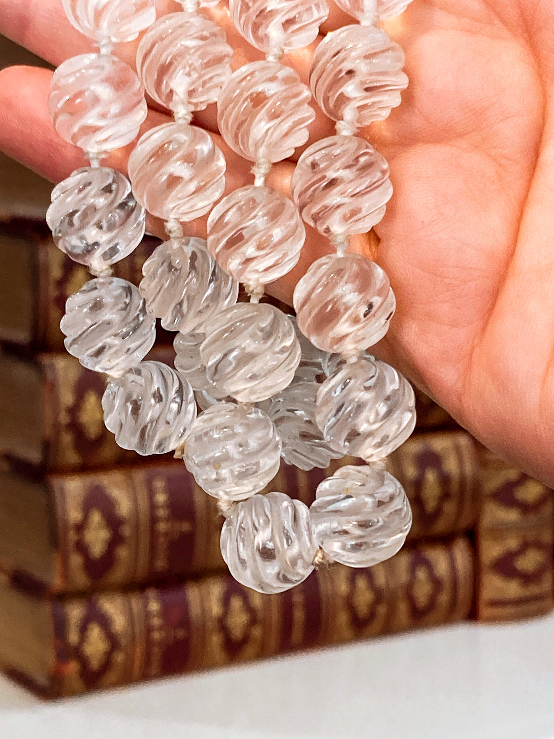 Spiral Carved Rock Crystal Hand Knotted 32" Long Beaded Rope Necklace