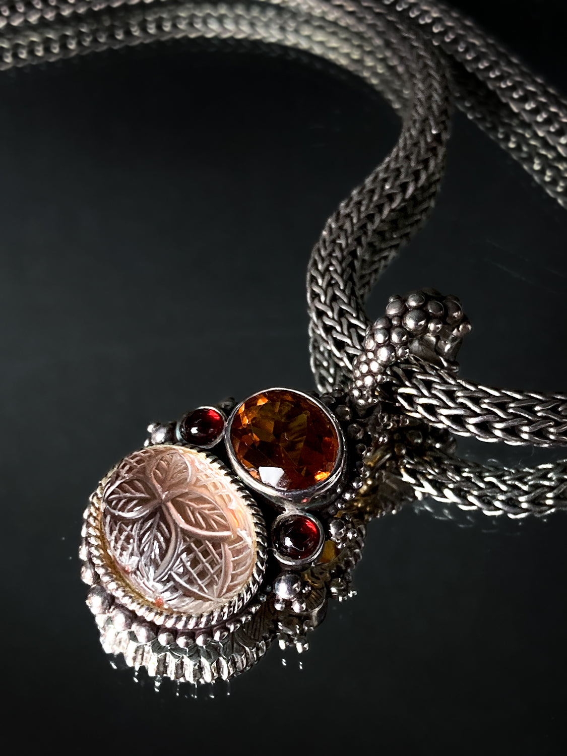 Vintage Stephen Dweck Sterling Silver 18K Gold Carved Quartz Pendant Necklace Signed