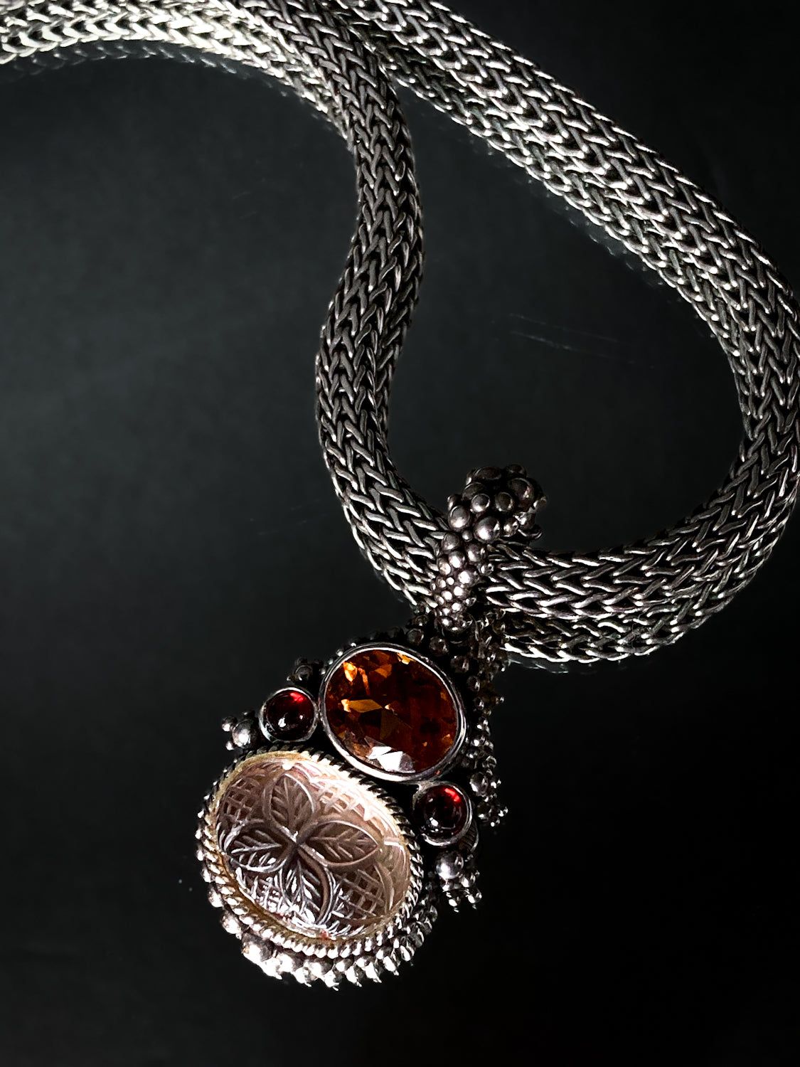 Vintage Stephen Dweck Sterling Silver 18K Gold Carved Quartz Pendant Necklace Signed