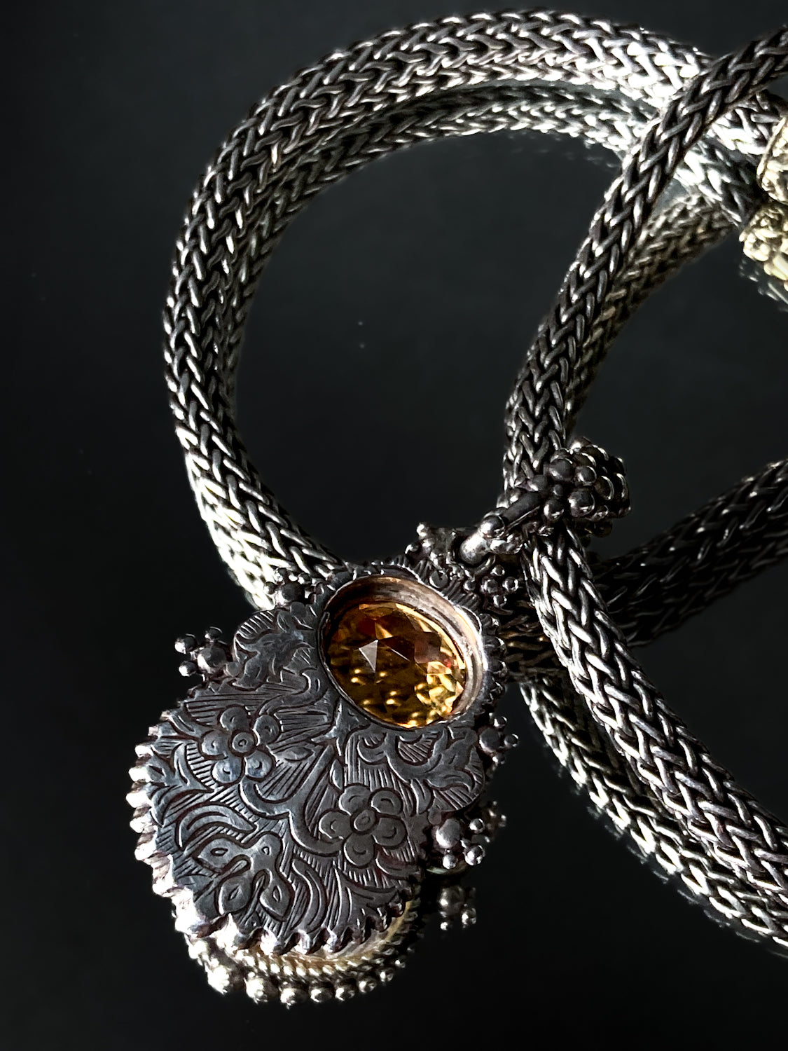 Vintage Stephen Dweck Sterling Silver 18K Gold Carved Quartz Pendant Necklace Signed