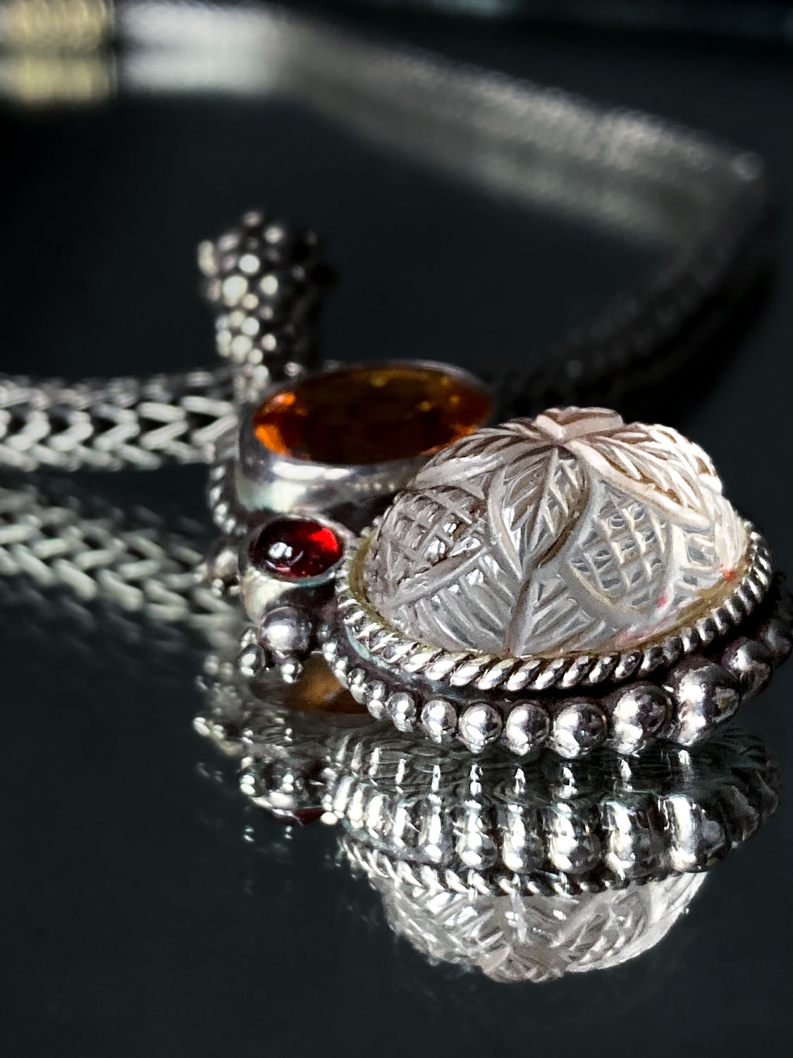 Vintage Stephen Dweck Sterling Silver 18K Gold Carved Quartz Pendant Necklace Signed