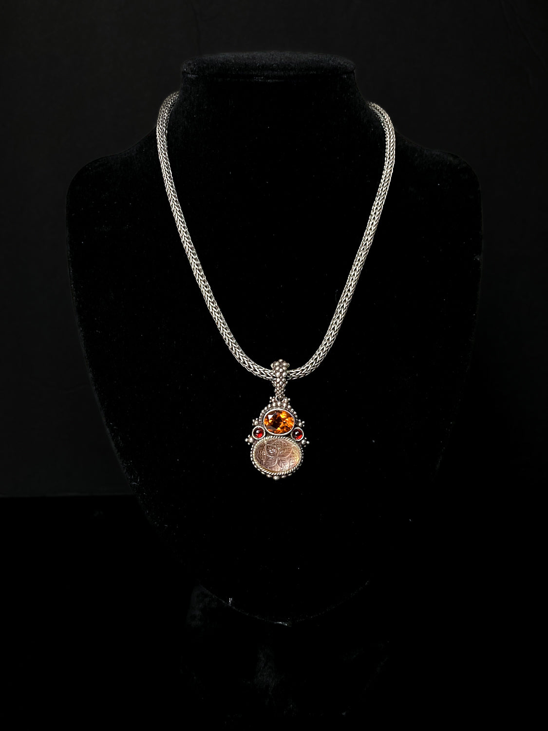 Vintage Stephen Dweck Sterling Silver 18K Gold Carved Quartz Pendant Necklace Signed