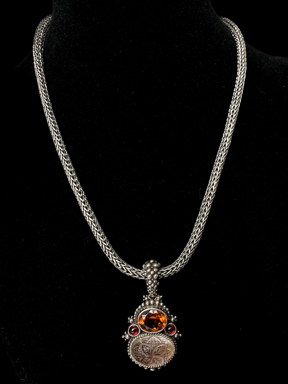 Vintage Stephen Dweck Sterling Silver 18K Gold Carved Quartz Pendant Necklace Signed