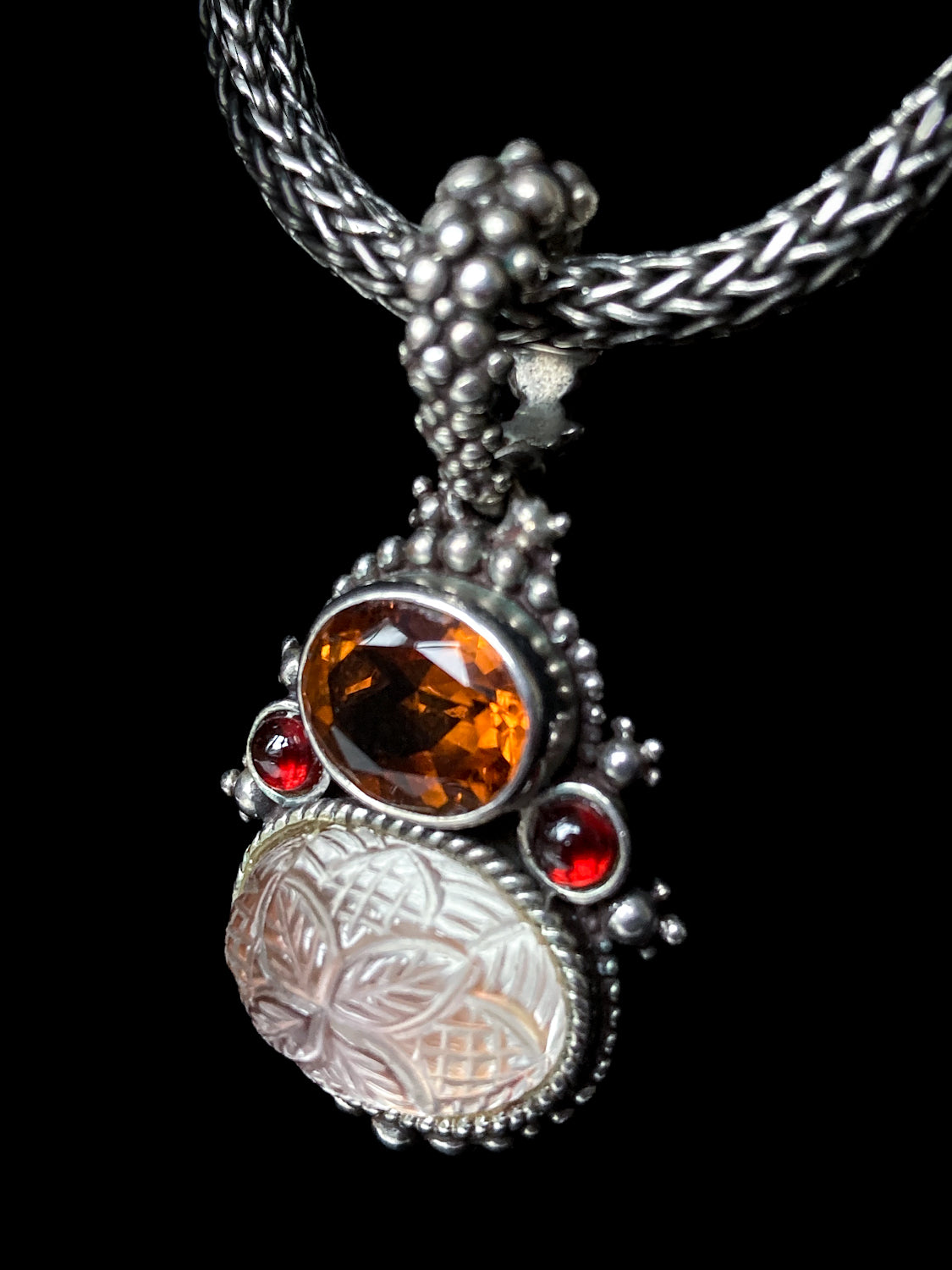 Vintage Stephen Dweck Sterling Silver 18K Gold Carved Quartz Pendant Necklace Signed