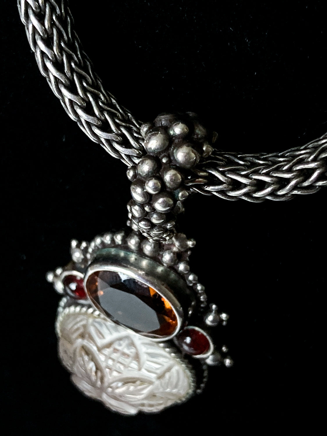 Vintage Stephen Dweck Sterling Silver 18K Gold Carved Quartz Pendant Necklace Signed