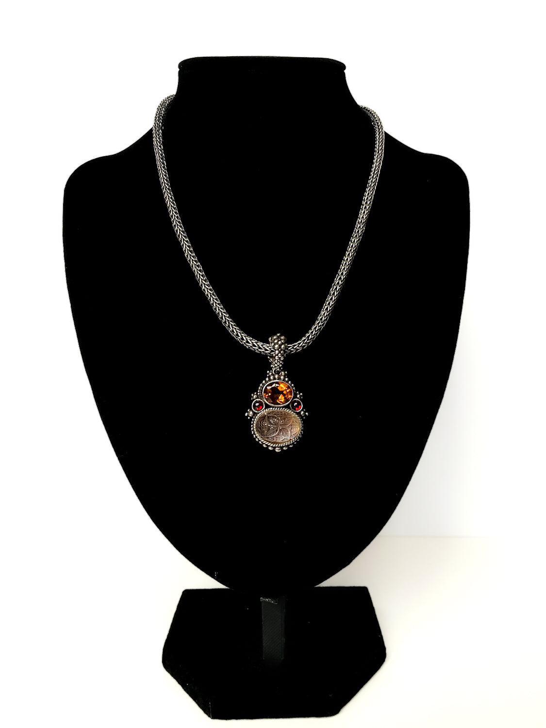 Vintage Stephen Dweck Sterling Silver 18K Gold Carved Quartz Pendant Necklace Signed