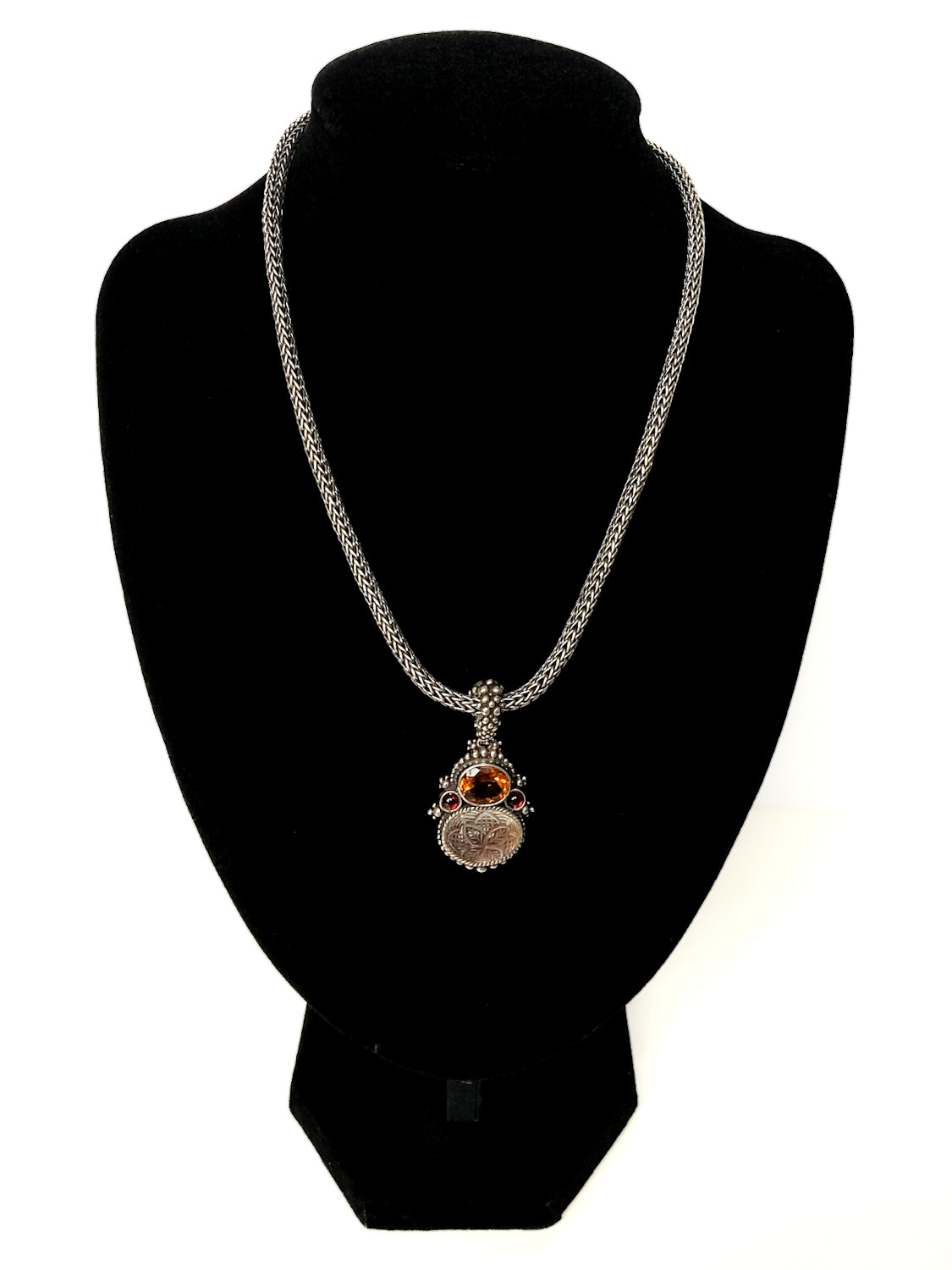 Vintage Stephen Dweck Sterling Silver 18K Gold Carved Quartz Pendant Necklace Signed