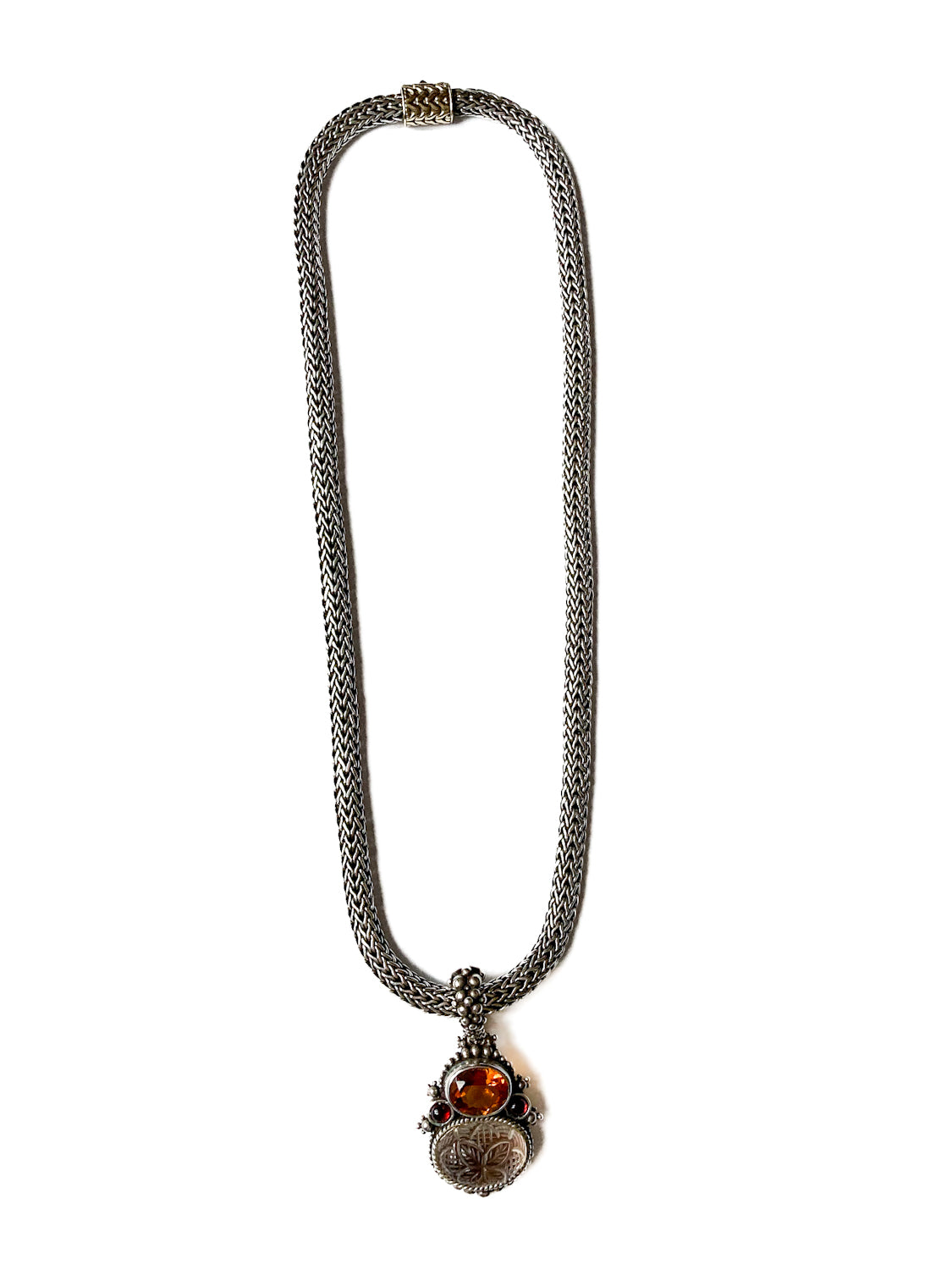Vintage Stephen Dweck Sterling Silver 18K Gold Carved Quartz Pendant Necklace Signed