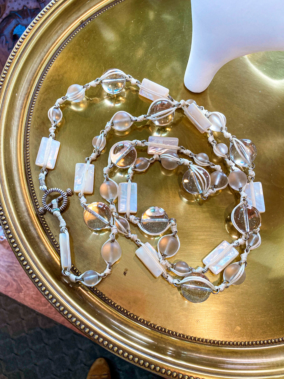 Stephen Dweck Crystal Frosted Glass MOP Sterling Silver Toggle Wrap Necklace